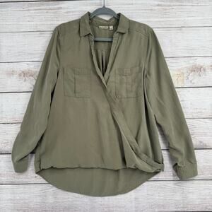 Holding Horses Anthropologie Lyocell Faux Wrap Blouse Womens 12 Olive Green‎
